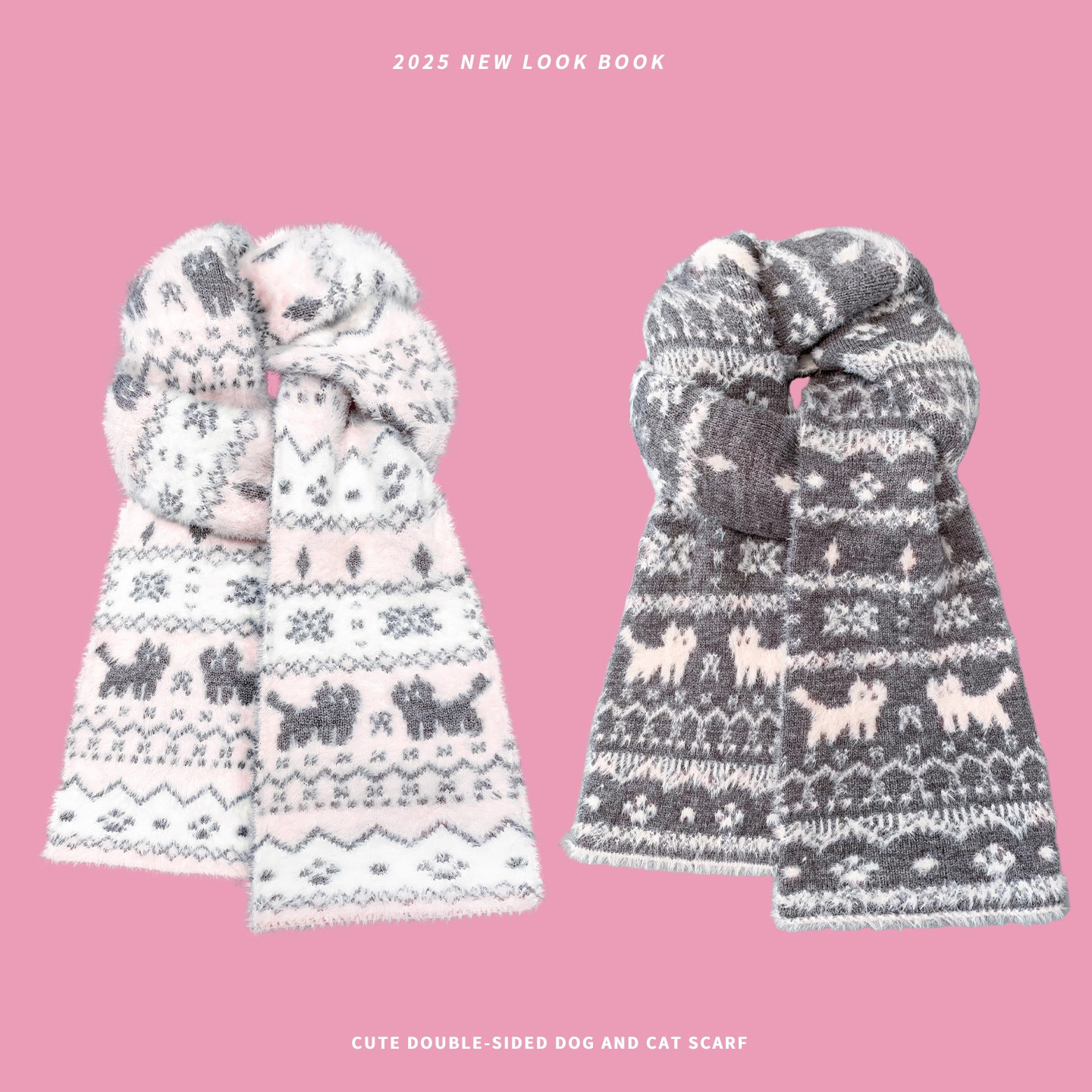 韩版费尔岛猫咪双面提花围巾女秋冬季学生甜美氛围感保暖针织围脖