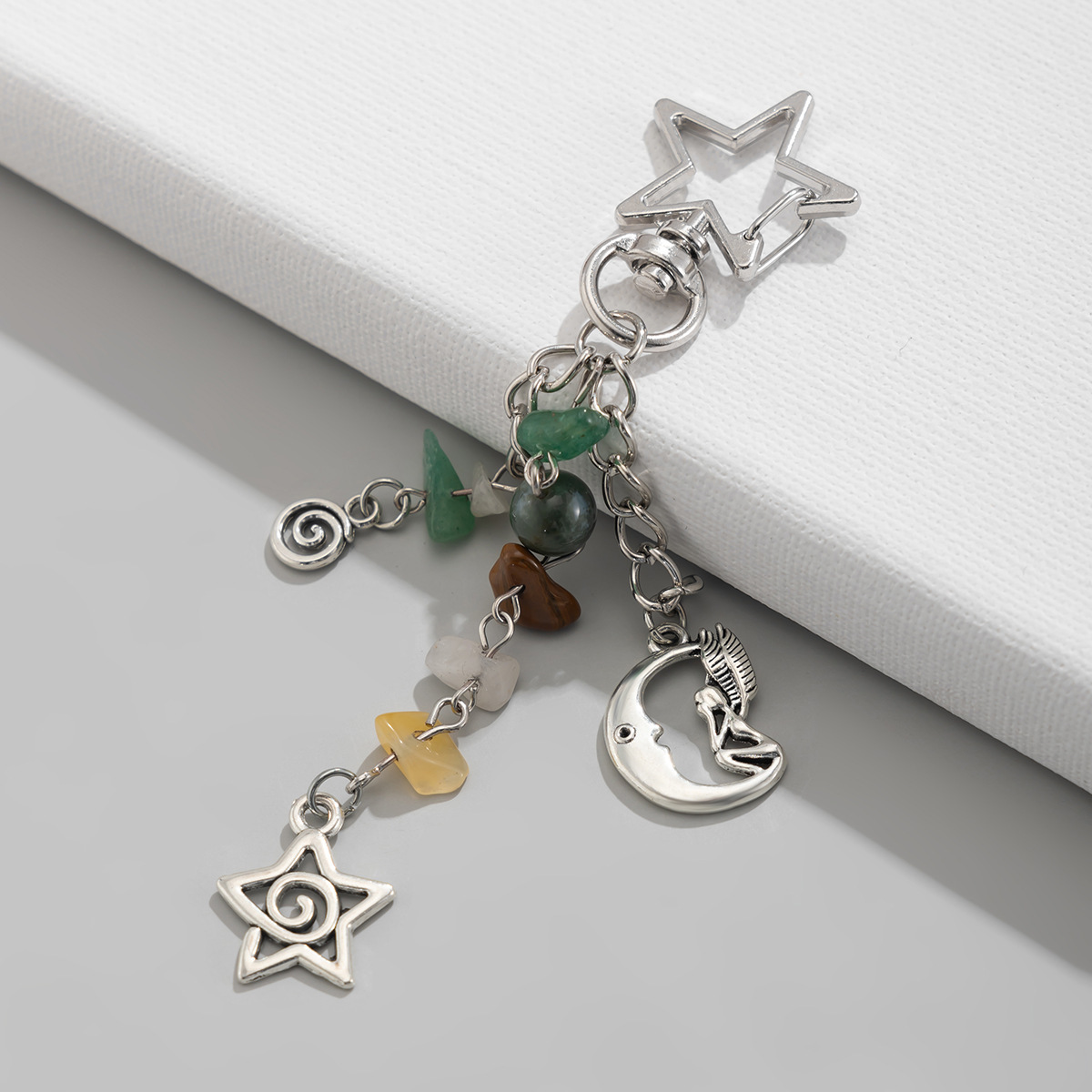Moon And Sun Irregular Stone Keychain With Butterfly Pendant_voghion.com