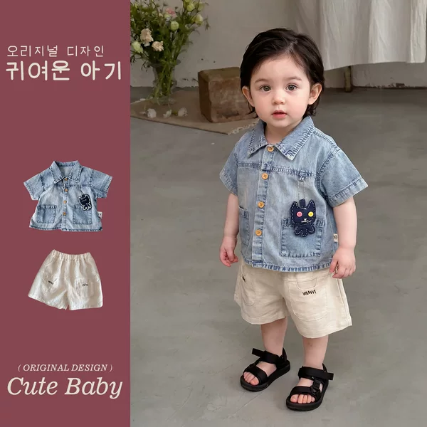 Boys' Lightweight Denim Set, Little Boy's Shirt, Skin-Friendly and Comfortable, Solid Color Casual Shorts, Two-Piece Set, Summer Children's Clothing