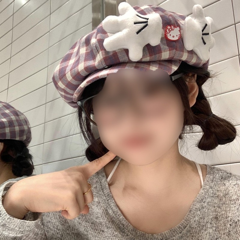 韩系可爱kitty猫格子贝雷帽女甜美百搭大头围显脸小八角画家帽子|undefined
