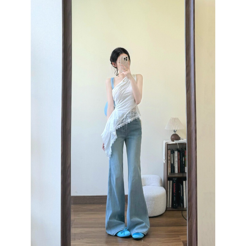 Irregular Lace Splicing Slant Collar Off-Shoulder Sleeveless Top Low-Waist Light Blue Bootcut Jeans