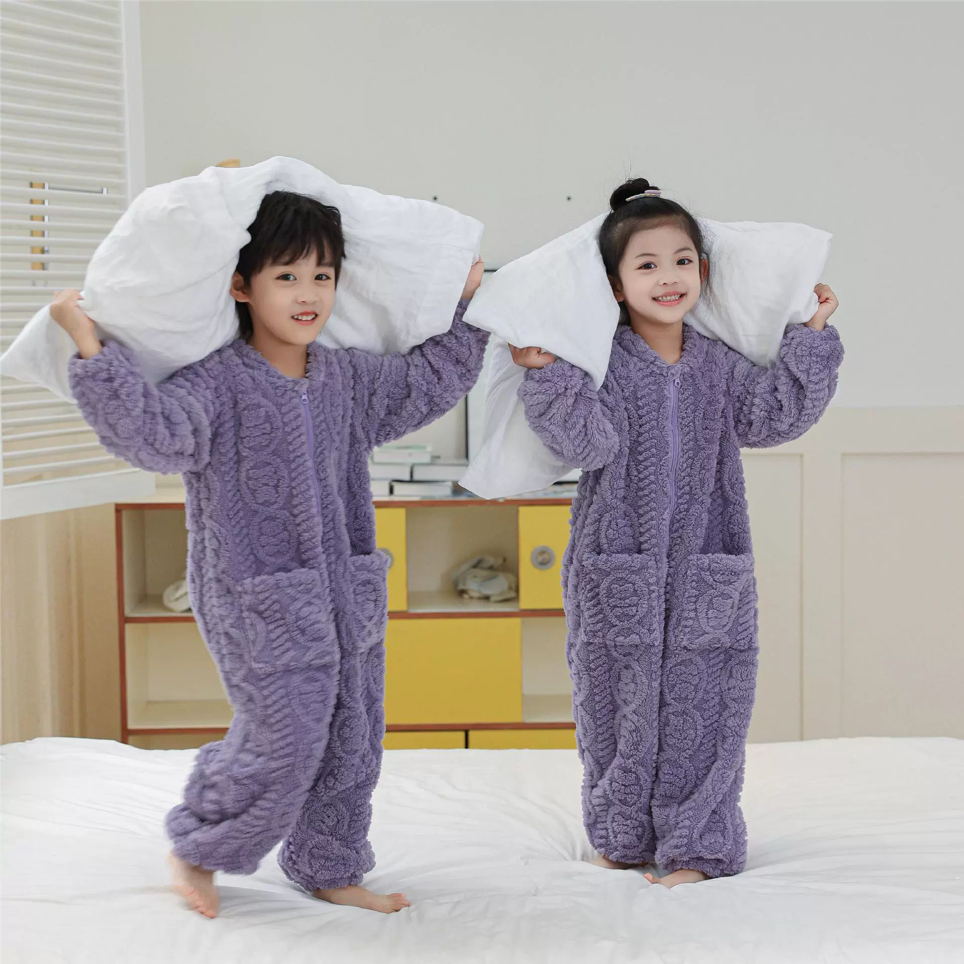 【睡袋单层连体中性】儿童睡衣春秋冬季加厚款珊瑚绒家居服小孩宝