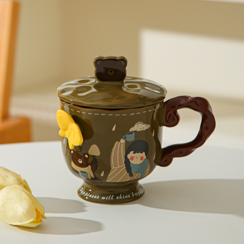 Retro chica taza de pie alto caja de regalo mariposa alta sensación de taza de cerámica con tapa de regalo de cumpleaños de chicas