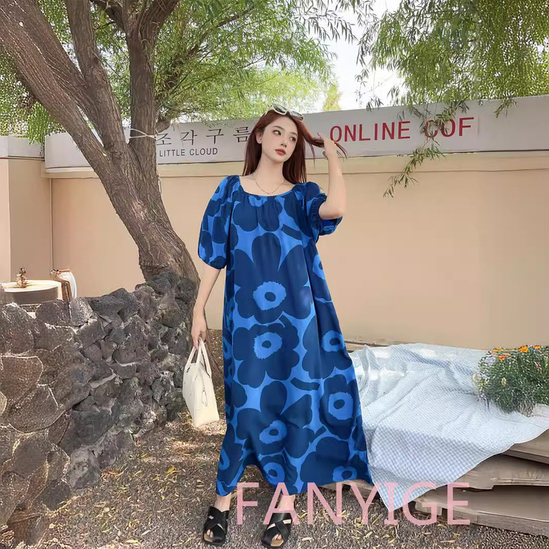 Cotton Silk One-Shoulder Dress for Women Summer 2025 New Style Waist Slimming Large Size Loose High-End Floral Long Skirt