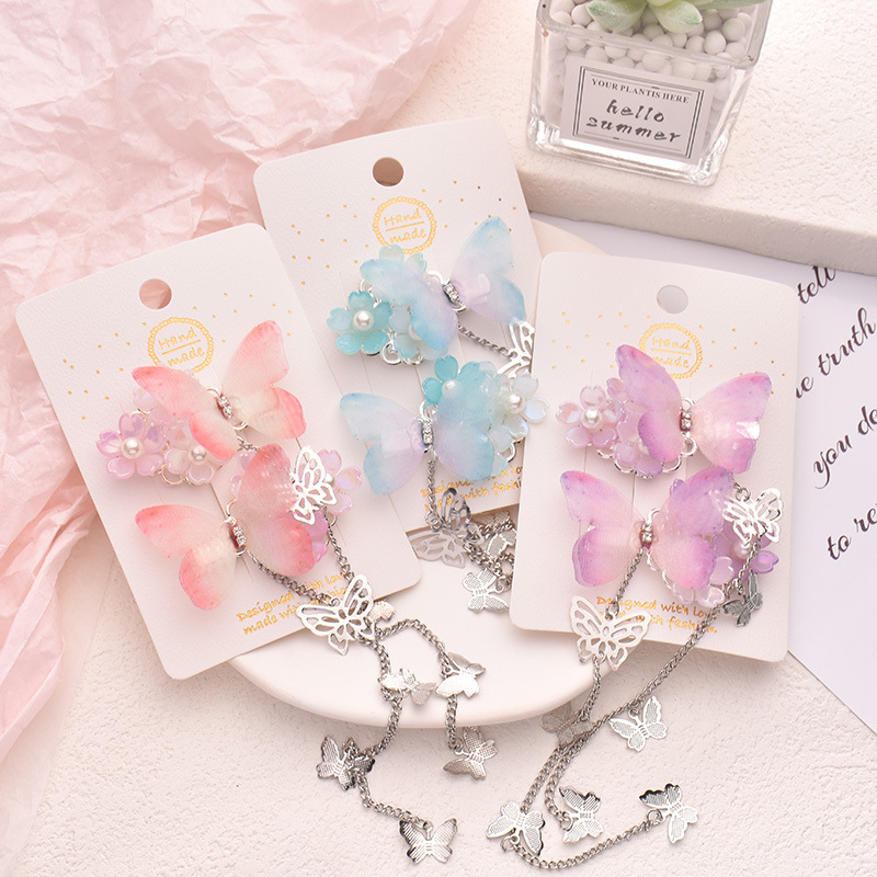 Chinese Style Double-Layer Butterfly Small Flower Hairpin Cute Small Butterfly Tassel Pendant Clip Colorful Girl Hairpin Accessories