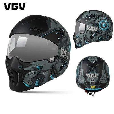 Motorcycle Cruise Large Size Retro — Motosiklet dəbilqələri - s-sky-mecha-silver-plated-lenses-free-transparent-lenses-gloves-headgear