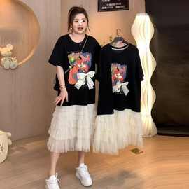 大码短袖印花T恤连衣裙女夏胖mm宽松遮肚显瘦时尚长裙蛋糕裙300斤