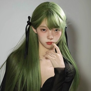 Green Wig Female Long Hair Natural Full Head Cover Internet Celebrity Girl Group Style Lolita Long Straight Hair Simulated Human Hair Wig Cover