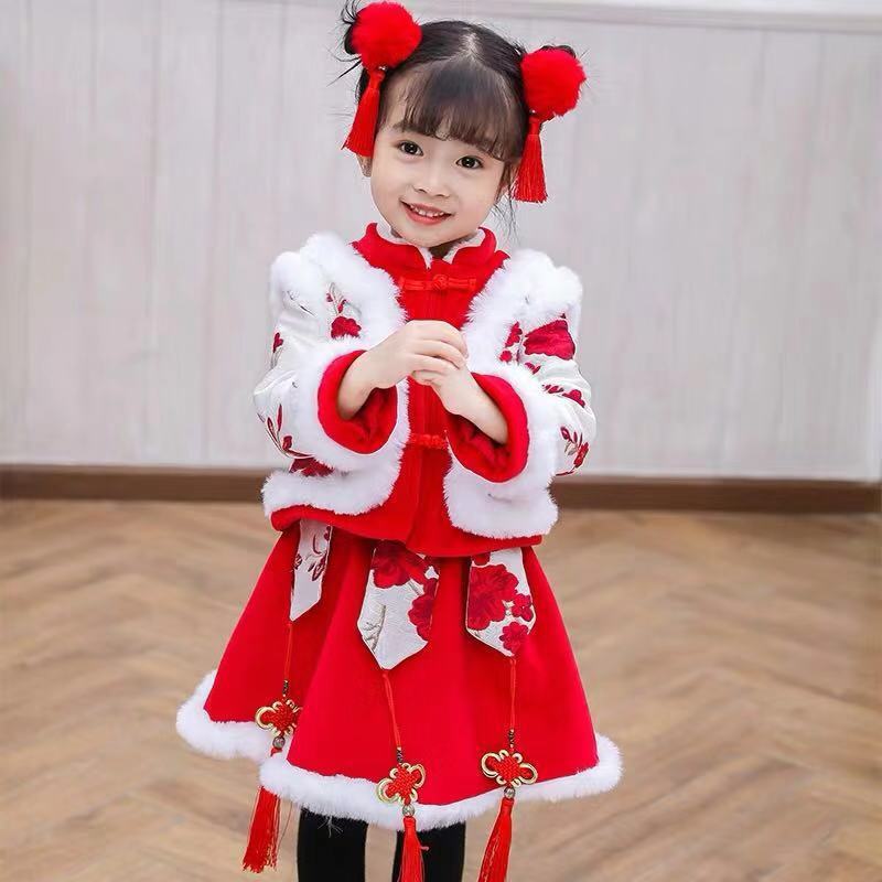 Hanfu Winter Girls 2024 Nuevos niños Feliz año nuevo Año nuevo Saludos de Año Nuevo Chica Año Nuevo Estilo chino Traje Tang Invierno