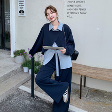 套装女两件套2025年新款春秋装减龄假两件衬衫上衣+阔腿裤套装潮