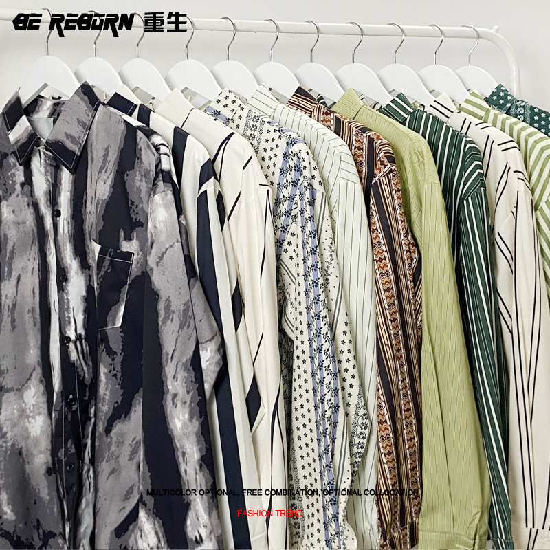 Japanese style spring and autumn retro vertical striped long-sleeved shirt men and women trendy street loose versatile Korean style couple casual shirt