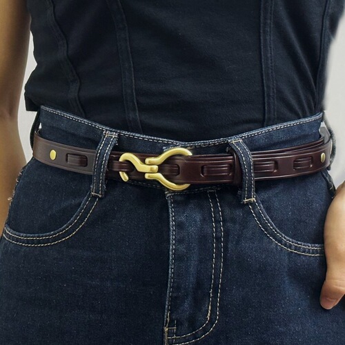 Italian retro women's trendy and versatile thin belt with copper hook genuine leather belt for women, handmade first-layer cowhide