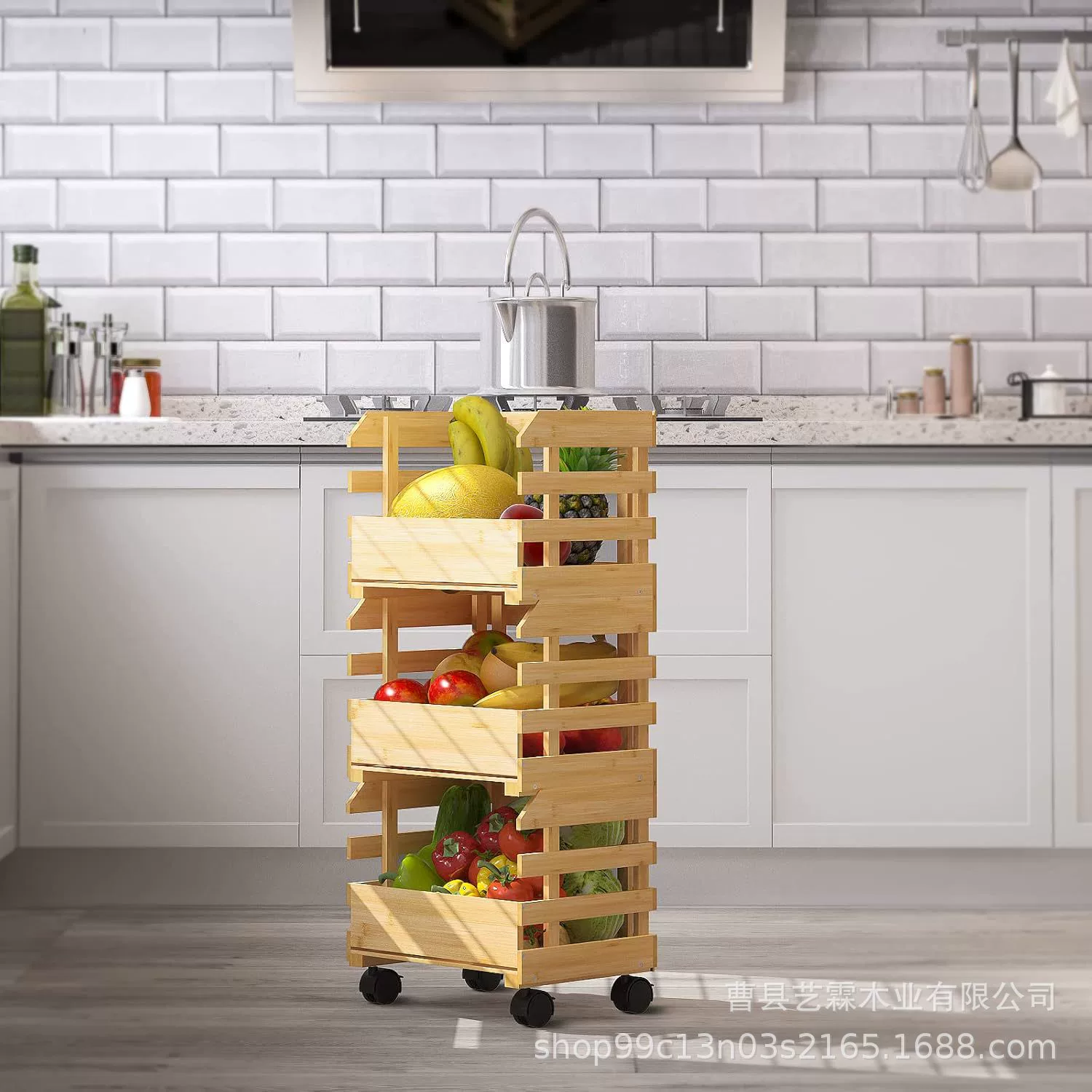 Бамбуковая корзина для фруктов, стеллаж для хранения картофеля, лука, 3-слойная корзина для фруктов с колесиками, кухонная, гостиная, стеллаж для хранения из цельного дерева