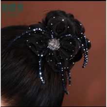 抖音黑色流苏同款铜合金水晶布艺发饰韩风透气网纱轻奢高端抓夹头