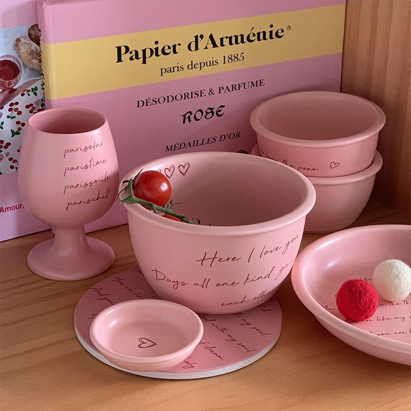 Pink English Frosted Tableware Set, Simple and Cute Girly Heart Two-Person Food Set, Dish Set, Home High-End