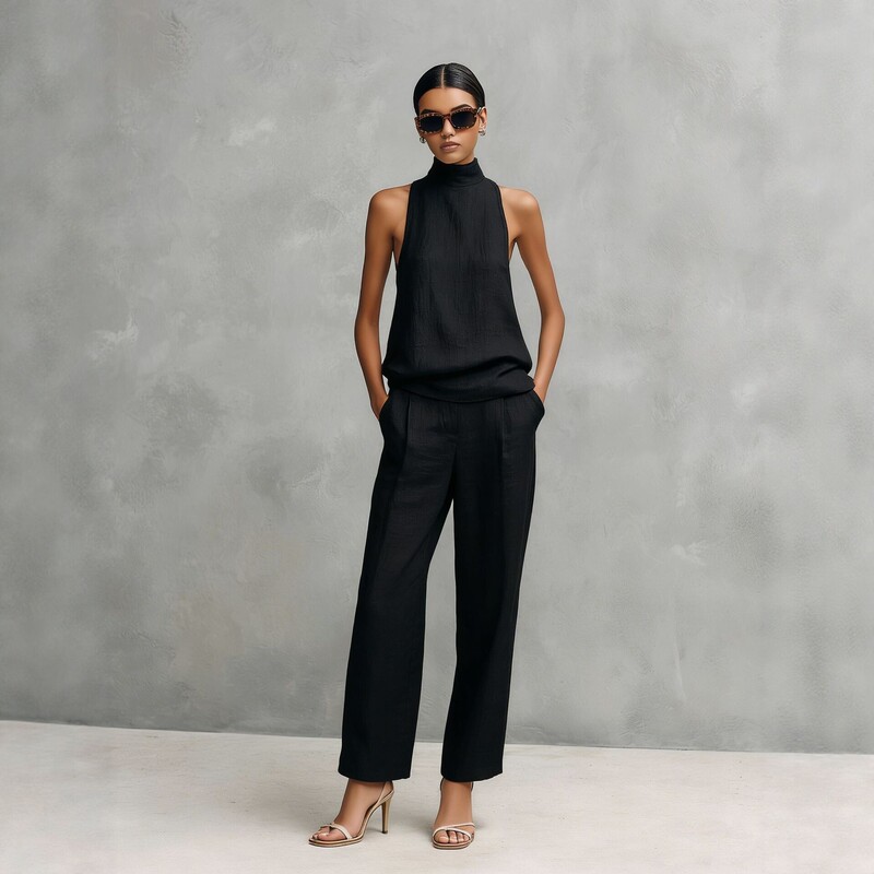 2026 Summer New European and American Style Sleeveless High-Neck Top and Wide-Leg Pants Set for Women, Elegant and Casual Two-Piece Set for Work and Leisure