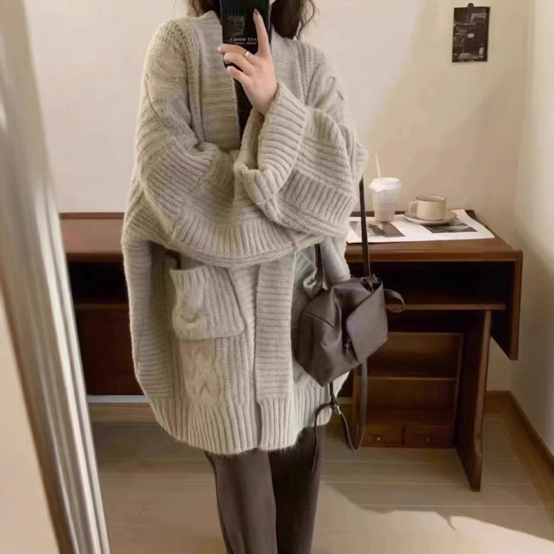 韩系毛衣慵懒风2025宽松针织衫开衫女外套中长款加厚秋冬款外搭|undefined