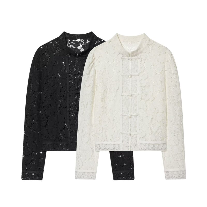 Pb&Za Women's Clothing 2026 Spring New Fashion Style European and American Style Buttoned Waist Lace Crochet Stand-Up Collar Shirt Pb&Za Women's Clothing 2026 Spring New Fashion Style European and American Style Buttoned Waist Lace Crochet Stand-Up Collar Shirt