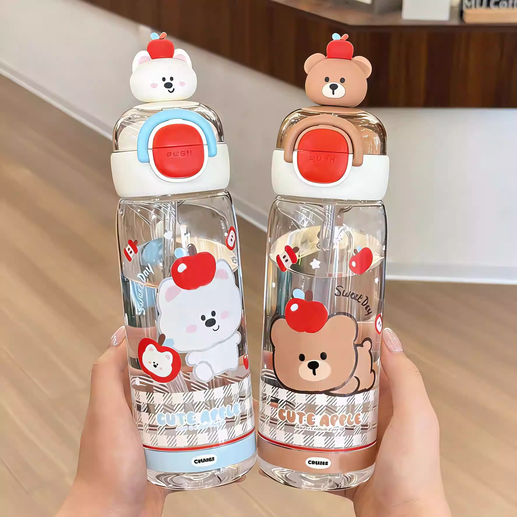 Cute taza de agua de dibujos animados para niños estudiantes taza de paja doble bebida taza de mano portátil taza de plástico resistente a altas temperaturas