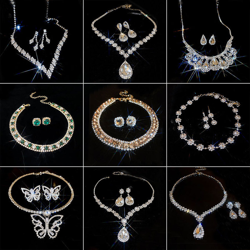 Cross-border explosions zircon diamond geometric necklace earrings suit light luxury clavicle chain high sense temperament jewelry wholesale