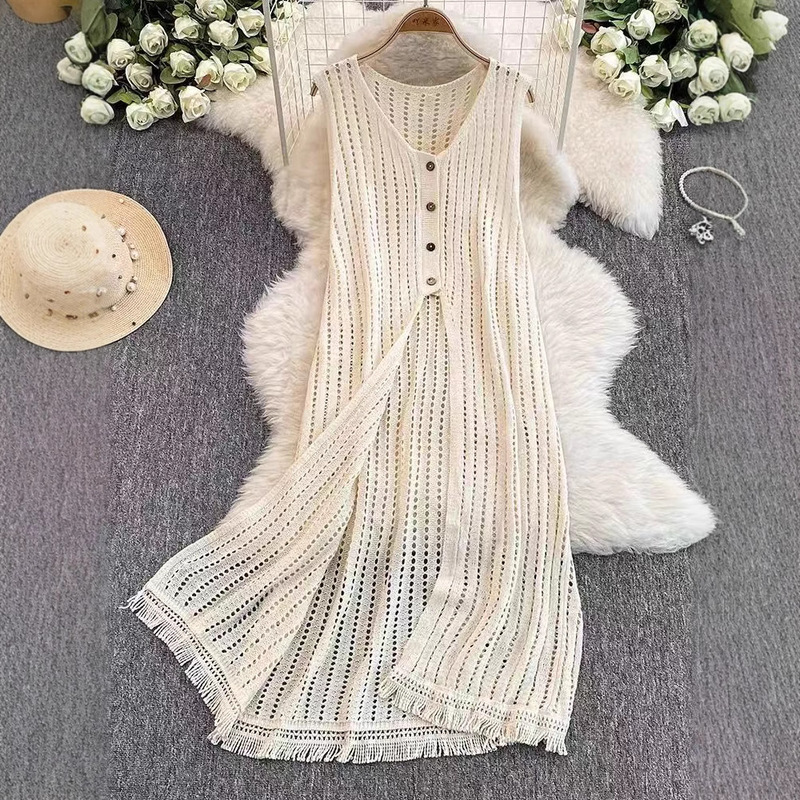 Stacked Outer Vest Women's Summer Korean-style All-match Design Sense V-neck Single-breasted Split Knitted Tassel Blouse