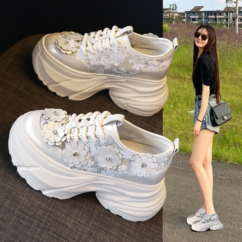 Giày sneaker nữ chunky đế dày tăng chiều cao, lưới thoáng khí — Màu trắng