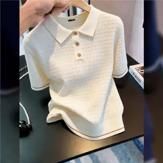 深圳南油通勤白色短袖翻领针织衫女上衣夏季纽扣衫时尚别致2026年