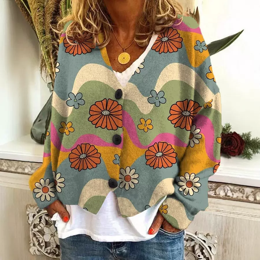 外贸跨境2023亚马逊外贸新款圣诞节抽象印花休闲披风外套开衫毛衣