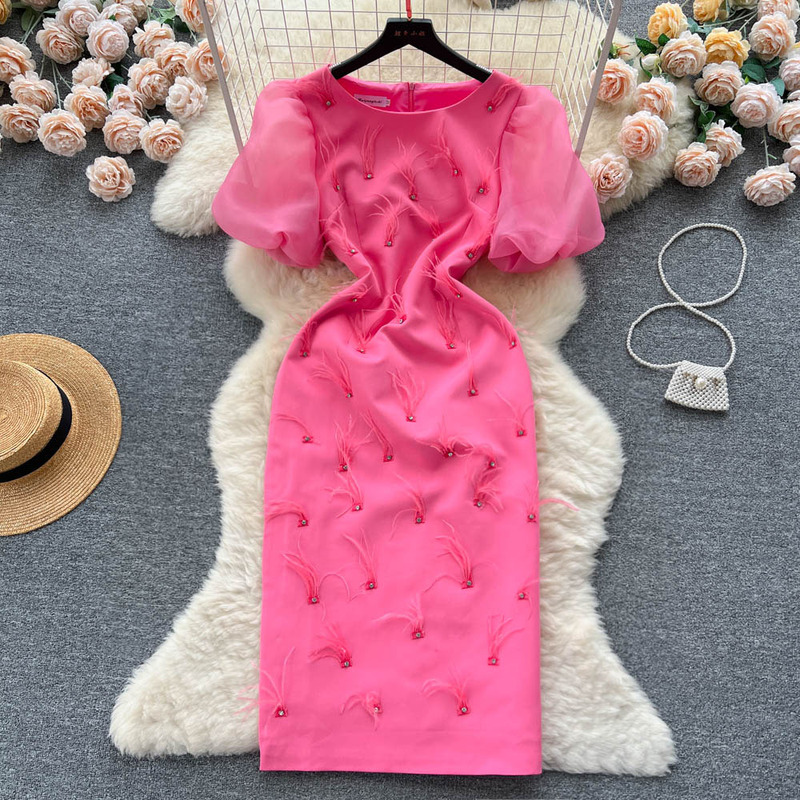 French Style Heavy Industry Studded Feather Tassel Round Neck Dress for Women Slimming Look Puff Sleeve Dress Long Skirt