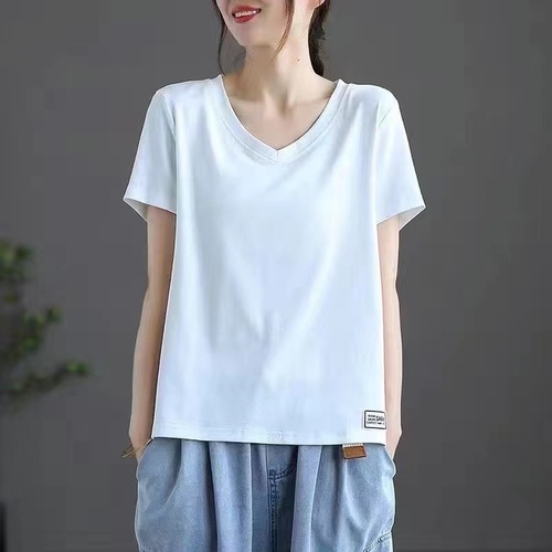 Stylish Youthful Upgraded White Simple V-Neck Short-Sleeve Top Summer Versatile Loose Plus Size T-Shirt for Women