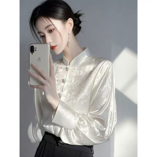 New Chinese Style National Style Inner Layering Shirt for Women in Early Spring, High-End, Accessible Luxury, Age-Reducing and Western Style White Jacquard Shirt 9998