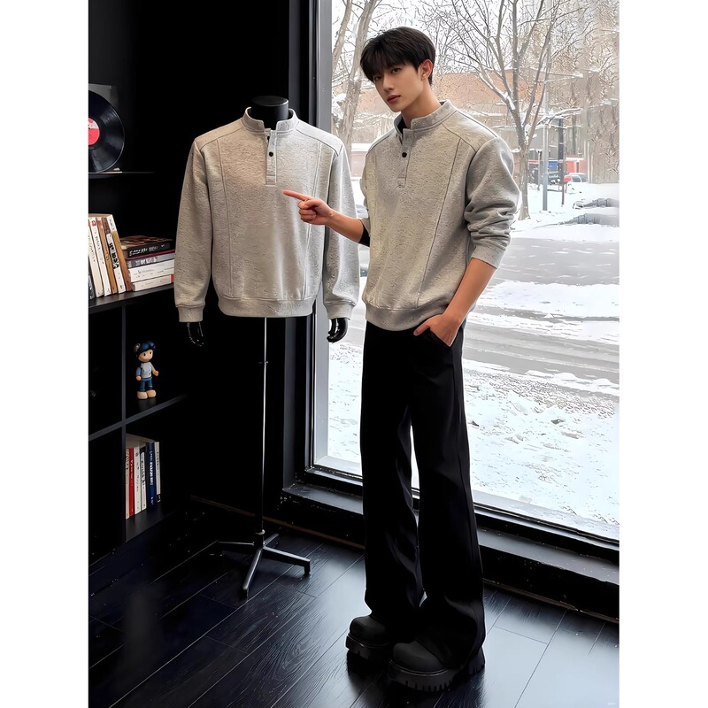 Henry Collar Long-Sleeve Sweatshirt for Men, American-Style Deconstructed Patchwork Regular Shoulder T-Shirt, Trendy Inner Wear, Loose Casual Sweatshirt for Men Henry Collar Long-Sleeve Sweatshirt for Men, American-Style Deconstructed Patchwork Regular Shoulder T-Shirt, Trendy Inner Wear, Loose Casual Sweatshirt for Men