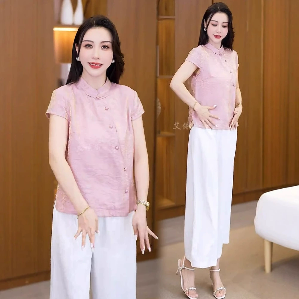 Модная женская рубашка лето 2025, новый стильный приталенный дизайн, универсальная, уменьшающая возраст, на пуговицах, с коротким рукавом