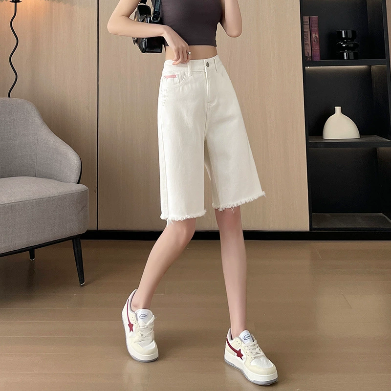 Белые джинсовые шорты женские летние тонкие новые с высокой талией прямые трубочки рыхлые пушистые брюки