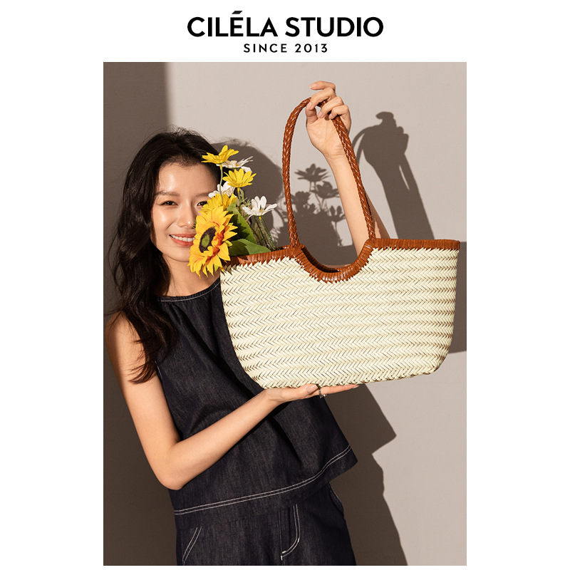 Hand-Woven Genuine Leather Basket Bag, Large Capacity Tote Handbag & Shoulder Bag For Women, Summer Vacation Underarm Bag - Thumbnail 4