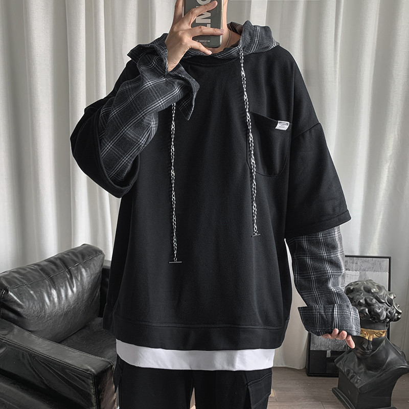 Fake Two-piece Plaid Hooded Sweater Men's Autumn and Winter Korean-style Hong Kong-style BF Trendy Loose Color-matching Pullover Jacket for Students
