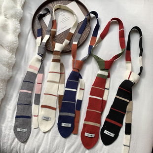 New Style Thick Striped Knitted Scarf Autumn and Winter Korean Style All-match Warm Knitted Wool Thin Narrow Long Scarf Scarf