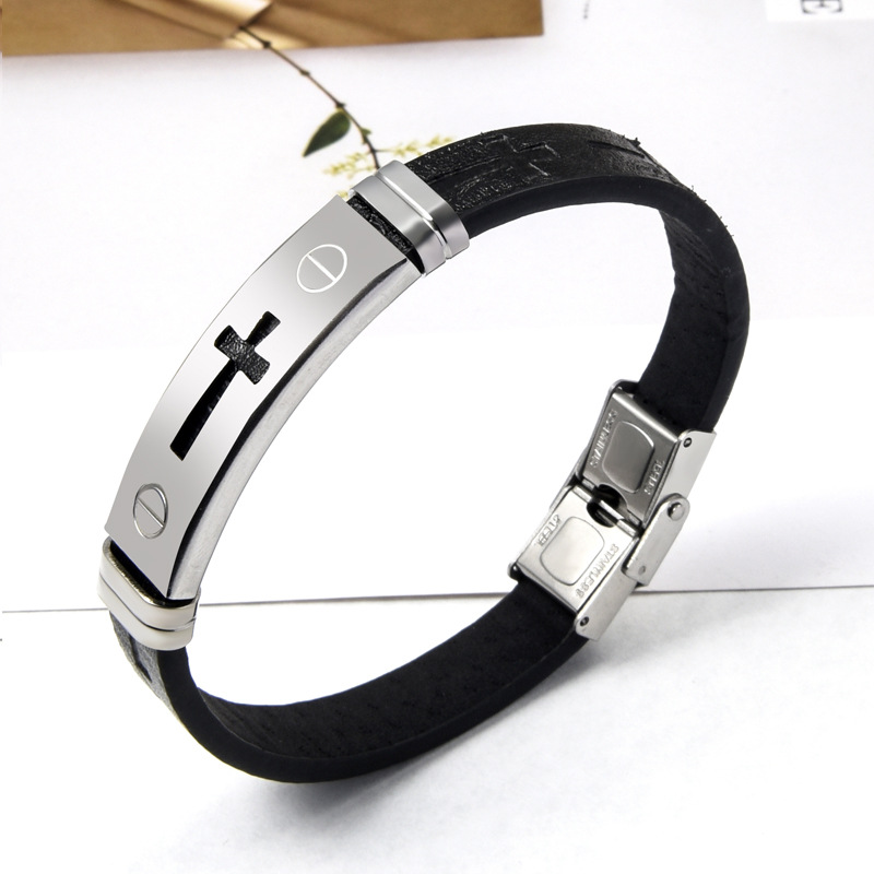 European and American cross-border hot selling men's stainless steel leather bracelet factory wholesale cross personality trendy men's bracelet wholesale