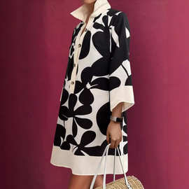 跨镜2026欧美亚马逊春季新品女装气质优雅衬衫裙宽松印花连衣裙女