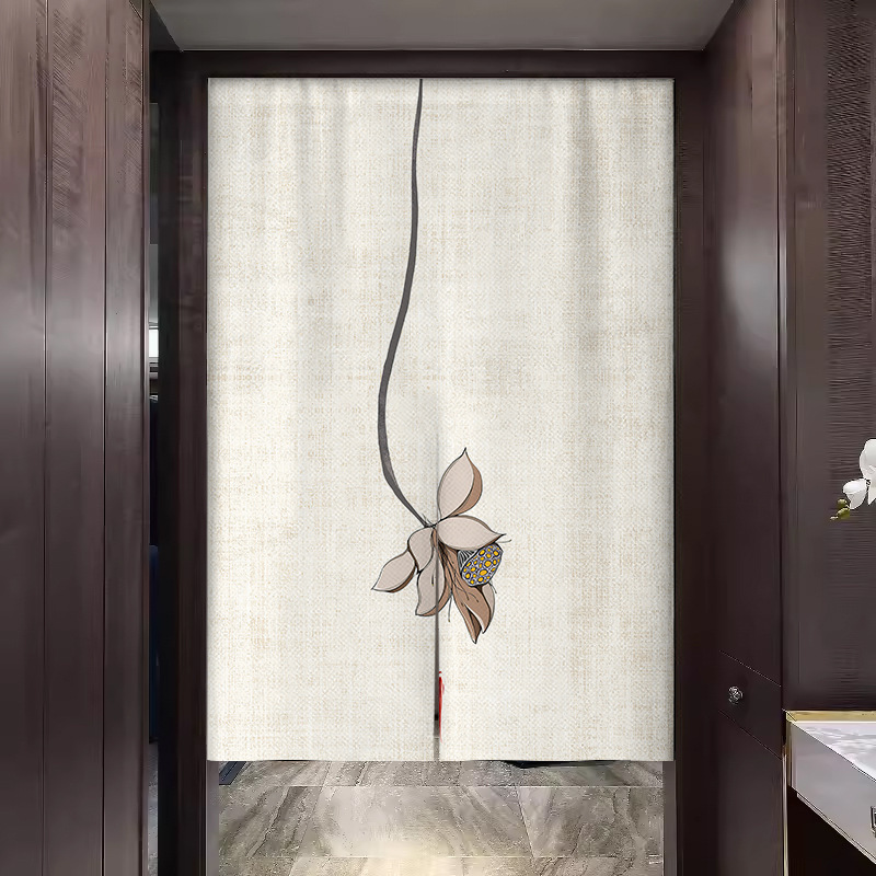 Chinese Lotus fabric door curtain bathroom commercial covering cloth curtain toilet bedroom partition half curtain punch-free