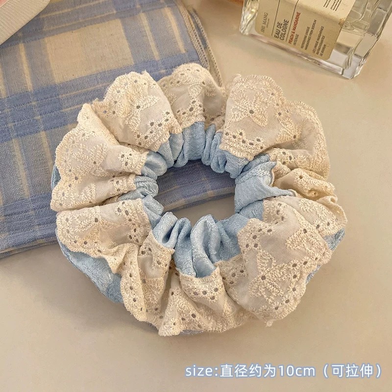 7#Blue printed double-layered bow with lace, approximately 10cm