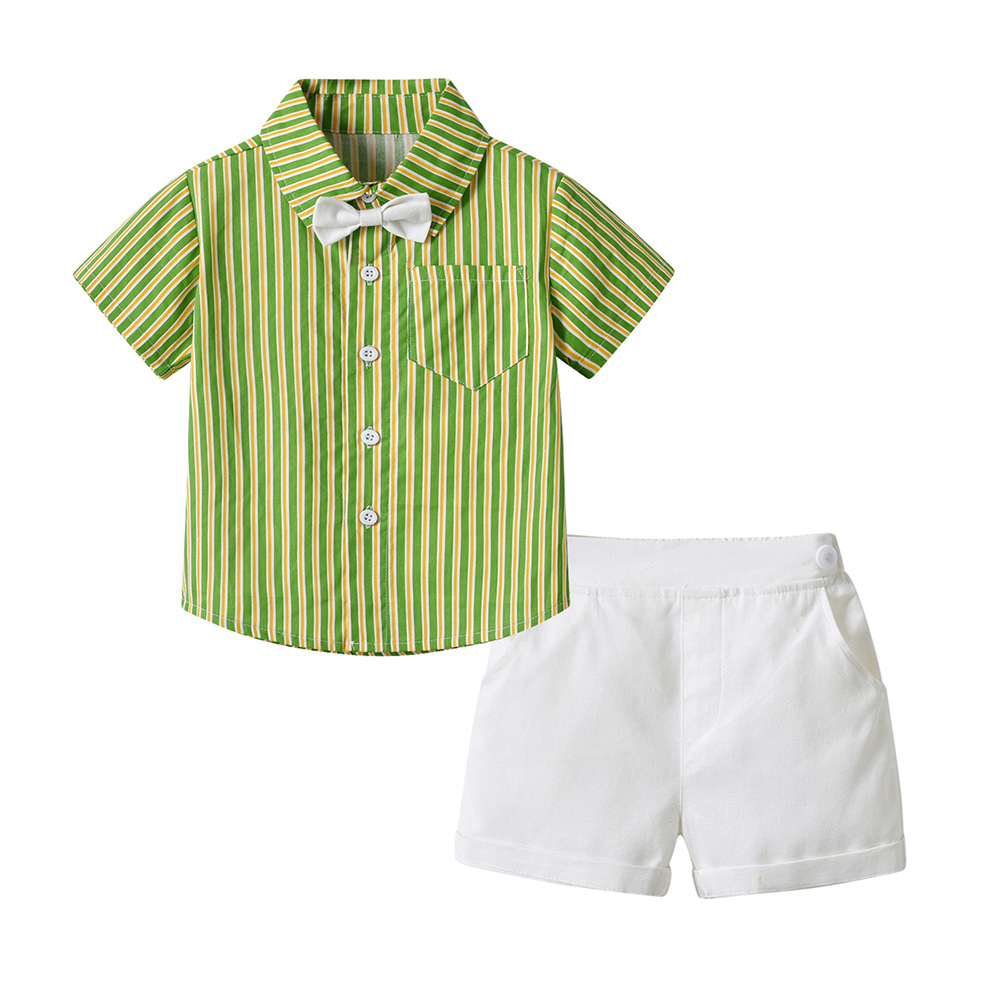 Vestido infantil de verano a rayas collar arco camisa de mangas cortas cinturón pantalones cortos modestamente florista juego de ropa de espectáculo