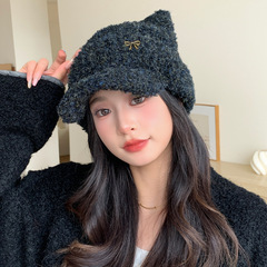 韩系甜美百搭蝴蝶结毛绒鸭舌帽秋冬时尚休闲护耳帽防寒保暖帽子女