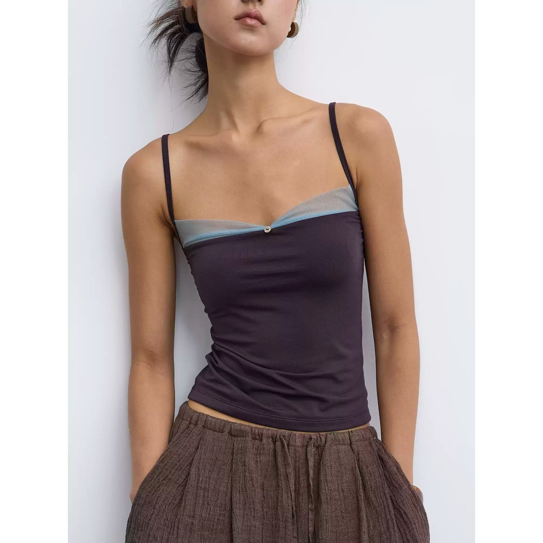 RESPEC MY WAY Double-Neck Slimming Tencel Mesh Camisole with No Pads and Color Blocking for Women's Summer