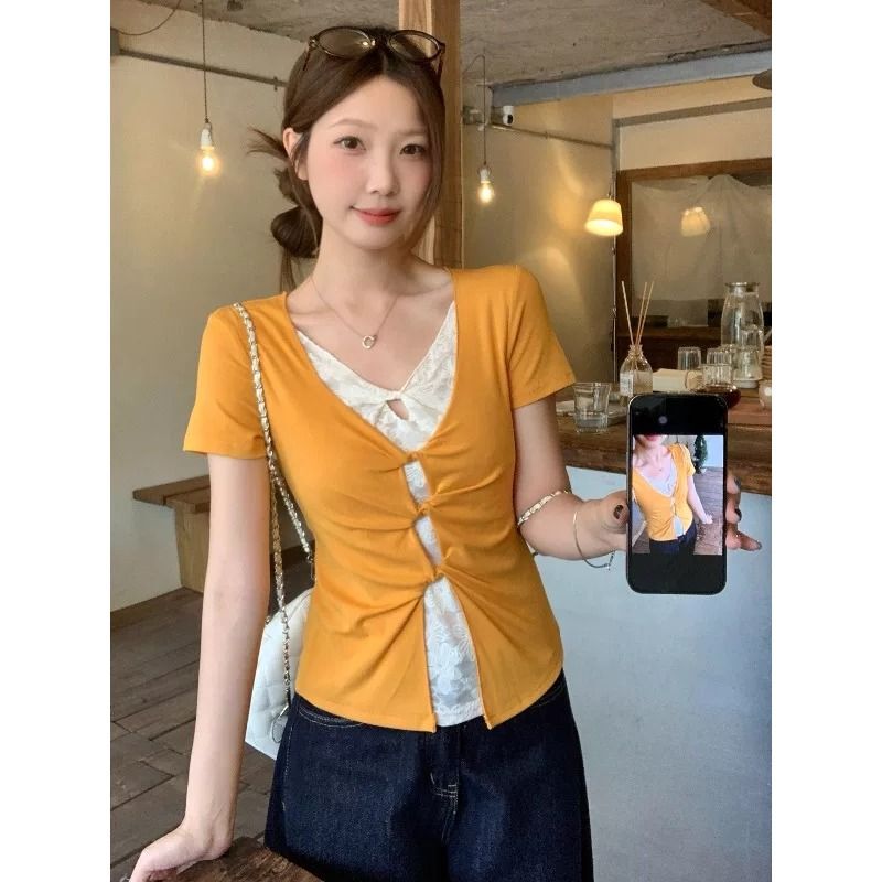 Mango Yellow Faux Two-Piece Lace Short-Sleeve T-Shirt for Women, New Slim-Fit American Style Spicy Girl Top for Spring and Summer Mango Yellow Faux Two-Piece Lace Short-Sleeve T-Shirt for Women, New Slim-Fit American Style Spicy Girl Top for Spring and Summer