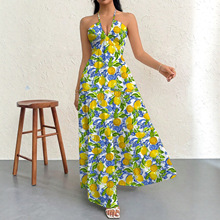 2025新款跨境代发系带蕾丝女式雪纺露背连衣裙跨境代发