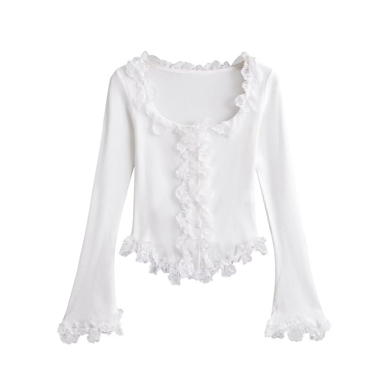 Pure Lust Style Sweet and Spicy Lace Splicing Lace White Slightly Flared Long-Sleeved T-Shirt Autum Slim Short Sexy Top for Women