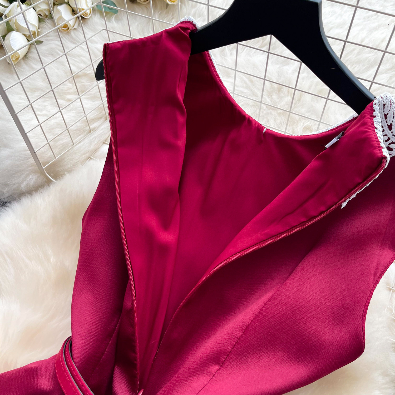 Elegant High-Waisted A-Line Dress Red Lace Peter Pan Collar Summer Commute Suitable Women's Clothing_ecoleips.com