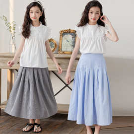 女童夏装套装裙2025新款中大童飞袖上衣格子半身裙夏季休闲两件套