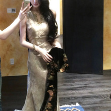 【金玉繁华】新中式u领无袖连衣裙气质女鎏金图腾亮片裙修身长裙